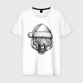 Мужская футболка хлопок с принтом Тигр рычащий новогодний в Курске, 100% хлопок | прямой крой, круглый вырез горловины, длина до линии бедер, слегка спущенное плечо. | 