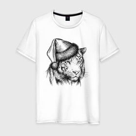 Мужская футболка хлопок с принтом Тигр новогодний в шапке в Курске, 100% хлопок | прямой крой, круглый вырез горловины, длина до линии бедер, слегка спущенное плечо. | 