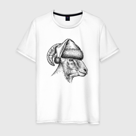 Мужская футболка хлопок с принтом Баран в новогоднем колпаке , 100% хлопок | прямой крой, круглый вырез горловины, длина до линии бедер, слегка спущенное плечо. | 