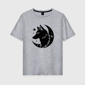 Женская футболка хлопок Oversize с принтом Волк силуэт и луна в Петрозаводске, 100% хлопок | свободный крой, круглый ворот, спущенный рукав, длина до линии бедер
 | 