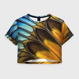 Женская футболка Crop-top 3D с принтом Крыло тропической бабочки в Новосибирске, 100% полиэстер | круглая горловина, длина футболки до линии талии, рукава с отворотами | 