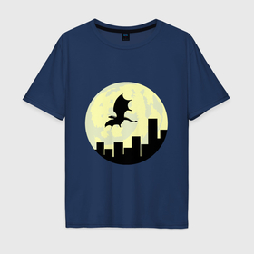 Мужская футболка хлопок Oversize с принтом Дракон, летящий над городом , 100% хлопок | свободный крой, круглый ворот, “спинка” длиннее передней части | Тематика изображения на принте: 