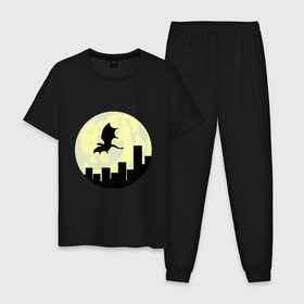 Мужская пижама хлопок с принтом Дракон, летящий над городом , 100% хлопок | брюки и футболка прямого кроя, без карманов, на брюках мягкая резинка на поясе и по низу штанин
 | Тематика изображения на принте: 