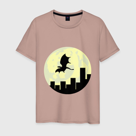 Мужская футболка хлопок с принтом Дракон, летящий над городом , 100% хлопок | прямой крой, круглый вырез горловины, длина до линии бедер, слегка спущенное плечо. | Тематика изображения на принте: 