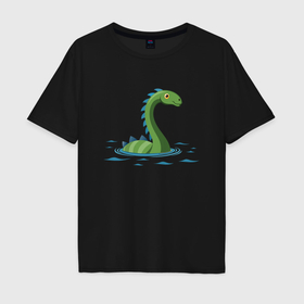 Мужская футболка хлопок Oversize с принтом Динозаврик, плывущий в воде в Кировске, 100% хлопок | свободный крой, круглый ворот, “спинка” длиннее передней части | 