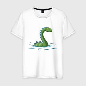 Мужская футболка хлопок с принтом Динозаврик, плывущий в воде в Екатеринбурге, 100% хлопок | прямой крой, круглый вырез горловины, длина до линии бедер, слегка спущенное плечо. | Тематика изображения на принте: 