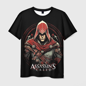 Мужская футболка 3D с принтом Assassins creed в красном капюшоне в Петрозаводске, 100% полиэфир | прямой крой, круглый вырез горловины, длина до линии бедер | 