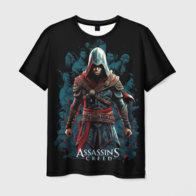 Мужская футболка 3D с принтом Assassins creed  черный фон в Санкт-Петербурге, 100% полиэфир | прямой крой, круглый вырез горловины, длина до линии бедер | 