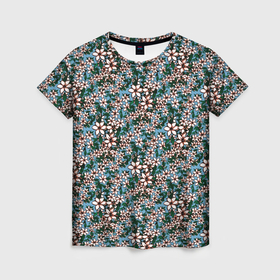 Женская футболка 3D с принтом Цветочный паттерн бирюзовый в Тюмени, 100% полиэфир ( синтетическое хлопкоподобное полотно) | прямой крой, круглый вырез горловины, длина до линии бедер | 