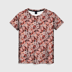 Женская футболка 3D с принтом Цветочный паттерн персиковый в Курске, 100% полиэфир ( синтетическое хлопкоподобное полотно) | прямой крой, круглый вырез горловины, длина до линии бедер | 