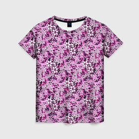 Женская футболка 3D с принтом Цветочный паттерн насыщенный розовый в Белгороде, 100% полиэфир ( синтетическое хлопкоподобное полотно) | прямой крой, круглый вырез горловины, длина до линии бедер | Тематика изображения на принте: 