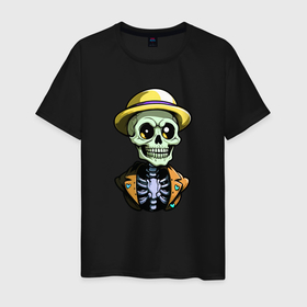 Мужская футболка хлопок с принтом Скелет в жёлтой шляпе в Кировске, 100% хлопок | прямой крой, круглый вырез горловины, длина до линии бедер, слегка спущенное плечо. | 