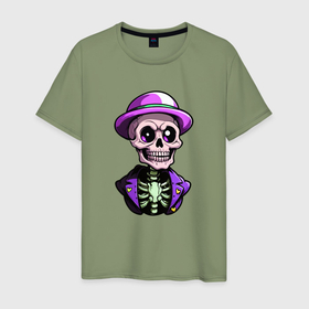 Мужская футболка хлопок с принтом Скелет в фиолетовой шляпе в Кировске, 100% хлопок | прямой крой, круглый вырез горловины, длина до линии бедер, слегка спущенное плечо. | 
