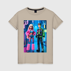 Женская футболка хлопок с принтом Барби и Кен в ночном городе   нейросеть в Кировске, 100% хлопок | прямой крой, круглый вырез горловины, длина до линии бедер, слегка спущенное плечо | 