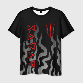 Мужская футболка 3D с принтом Ведьмак  языки пламени в Санкт-Петербурге, 100% полиэфир | прямой крой, круглый вырез горловины, длина до линии бедер | 