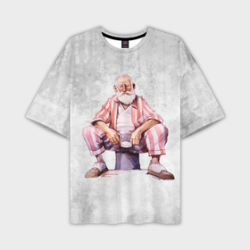 Мужская футболка oversize 3D с принтом Дед с кружкой сидит в Новосибирске,  |  | Тематика изображения на принте: 