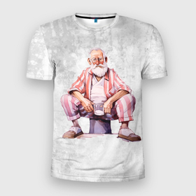 Мужская футболка 3D Slim с принтом Дед с кружкой сидит в Новосибирске, 100% полиэстер с улучшенными характеристиками | приталенный силуэт, круглая горловина, широкие плечи, сужается к линии бедра | Тематика изображения на принте: 