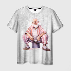 Мужская футболка 3D с принтом Дед с кружкой сидит в Новосибирске, 100% полиэфир | прямой крой, круглый вырез горловины, длина до линии бедер | Тематика изображения на принте: 