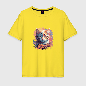 Мужская футболка хлопок Oversize с принтом Акварельный котик в Екатеринбурге, 100% хлопок | свободный крой, круглый ворот, “спинка” длиннее передней части | 