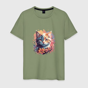 Мужская футболка хлопок с принтом Акварельный котик в Белгороде, 100% хлопок | прямой крой, круглый вырез горловины, длина до линии бедер, слегка спущенное плечо. | 