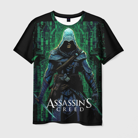 Мужская футболка 3D с принтом Assassins creed зеленый стиль матрицы в Екатеринбурге, 100% полиэфир | прямой крой, круглый вырез горловины, длина до линии бедер | 
