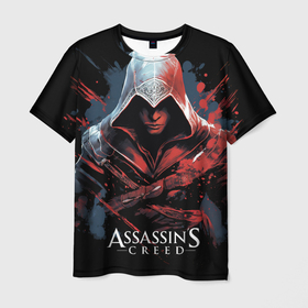 Мужская футболка 3D с принтом Assassins creed красная краска , 100% полиэфир | прямой крой, круглый вырез горловины, длина до линии бедер | Тематика изображения на принте: 