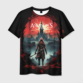 Мужская футболка 3D с принтом Assassins creed город на горизонте , 100% полиэфир | прямой крой, круглый вырез горловины, длина до линии бедер | 