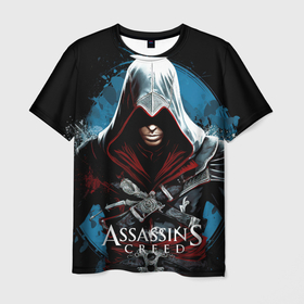 Мужская футболка 3D с принтом Assassins creed темный синий фон в Тюмени, 100% полиэфир | прямой крой, круглый вырез горловины, длина до линии бедер | Тематика изображения на принте: 
