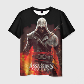 Мужская футболка 3D с принтом Assassins creed огненный фон вокруг в Новосибирске, 100% полиэфир | прямой крой, круглый вырез горловины, длина до линии бедер | Тематика изображения на принте: 