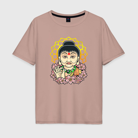 Мужская футболка хлопок Oversize с принтом Будда среди цветов в Тюмени, 100% хлопок | свободный крой, круглый ворот, “спинка” длиннее передней части | 