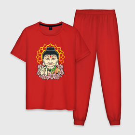 Мужская пижама хлопок с принтом Будда среди цветов в Тюмени, 100% хлопок | брюки и футболка прямого кроя, без карманов, на брюках мягкая резинка на поясе и по низу штанин
 | 