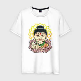Мужская футболка хлопок с принтом Будда среди цветов в Тюмени, 100% хлопок | прямой крой, круглый вырез горловины, длина до линии бедер, слегка спущенное плечо. | 