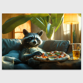 Поздравительная открытка с принтом Енот ест пиццу на диване , 100% бумага | плотность бумаги 280 г/м2, матовая, на обратной стороне линовка и место для марки
 | Тематика изображения на принте: 