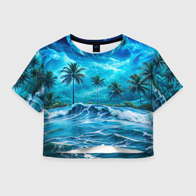 Женская футболка Crop-top 3D с принтом Тропический пейзаж и мистическое небо в Тюмени, 100% полиэстер | круглая горловина, длина футболки до линии талии, рукава с отворотами | 