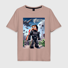 Мужская футболка хлопок Oversize с принтом Mass effect and Minecraft   collaboration в Курске, 100% хлопок | свободный крой, круглый ворот, “спинка” длиннее передней части | Тематика изображения на принте: 