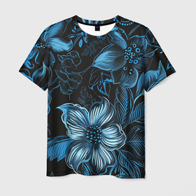 Мужская футболка 3D с принтом Синие цветы абстракции в Екатеринбурге, 100% полиэфир | прямой крой, круглый вырез горловины, длина до линии бедер | 
