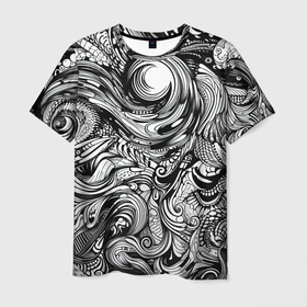 Мужская футболка 3D с принтом Черные и белые абстрактные  узоры в Санкт-Петербурге, 100% полиэфир | прямой крой, круглый вырез горловины, длина до линии бедер | 