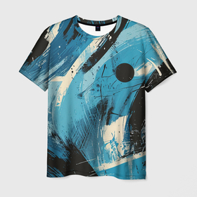 Мужская футболка 3D с принтом Синие белые черные мазки краски в Белгороде, 100% полиэфир | прямой крой, круглый вырез горловины, длина до линии бедер | 