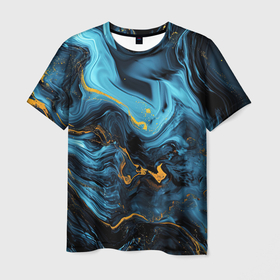 Мужская футболка 3D с принтом Синяя абстракция с золотым напылением , 100% полиэфир | прямой крой, круглый вырез горловины, длина до линии бедер | 