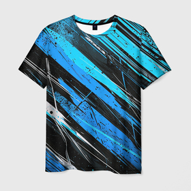 Мужская футболка 3D с принтом Черно синяя  абстракция геометрическая , 100% полиэфир | прямой крой, круглый вырез горловины, длина до линии бедер | 