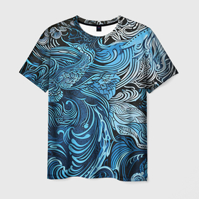 Мужская футболка 3D с принтом Синие и белые абстрактные узоры в Санкт-Петербурге, 100% полиэфир | прямой крой, круглый вырез горловины, длина до линии бедер | 