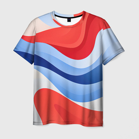 Мужская футболка 3D с принтом Волнистые полосы красные белые синие в Курске, 100% полиэфир | прямой крой, круглый вырез горловины, длина до линии бедер | 