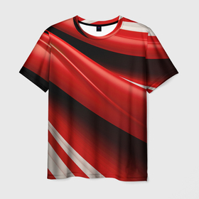 Мужская футболка 3D с принтом Объемные волны абстракции и геометрии красно черные в Тюмени, 100% полиэфир | прямой крой, круглый вырез горловины, длина до линии бедер | 