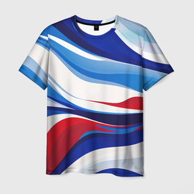 Мужская футболка 3D с принтом Объемные волны абстракции и геометрии белый синий красный в Новосибирске, 100% полиэфир | прямой крой, круглый вырез горловины, длина до линии бедер | 