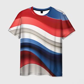 Мужская футболка 3D с принтом Объемные волны абстракции и геометрии синий белый красный в Белгороде, 100% полиэфир | прямой крой, круглый вырез горловины, длина до линии бедер | 