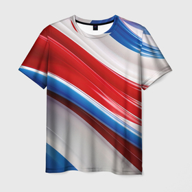 Мужская футболка 3D с принтом Объемные волны абстракции красно сине белые в Петрозаводске, 100% полиэфир | прямой крой, круглый вырез горловины, длина до линии бедер | 