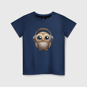 Детская футболка хлопок с принтом Совенок в наушниках слушает музыку в Санкт-Петербурге, 100% хлопок | круглый вырез горловины, полуприлегающий силуэт, длина до линии бедер | 