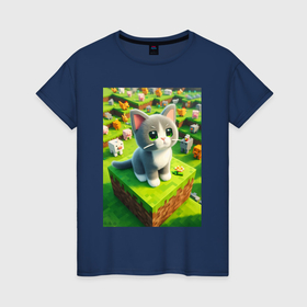 Женская футболка хлопок с принтом Funny kitten   Minecraft ai art , 100% хлопок | прямой крой, круглый вырез горловины, длина до линии бедер, слегка спущенное плечо | 