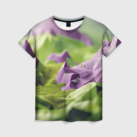 Женская футболка 3D с принтом Геометрический пейзаж фиолетовый и зеленый в Екатеринбурге, 100% полиэфир ( синтетическое хлопкоподобное полотно) | прямой крой, круглый вырез горловины, длина до линии бедер | 