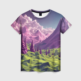 Женская футболка 3D с принтом Геометрический зеленый пейзаж и фиолетовые горы , 100% полиэфир ( синтетическое хлопкоподобное полотно) | прямой крой, круглый вырез горловины, длина до линии бедер | 